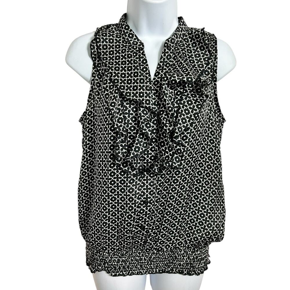 Jules & Leopold Black White Floral Blouse Sz S V-Neck Sleeveless Top Ruffle - Picture 6 of 6